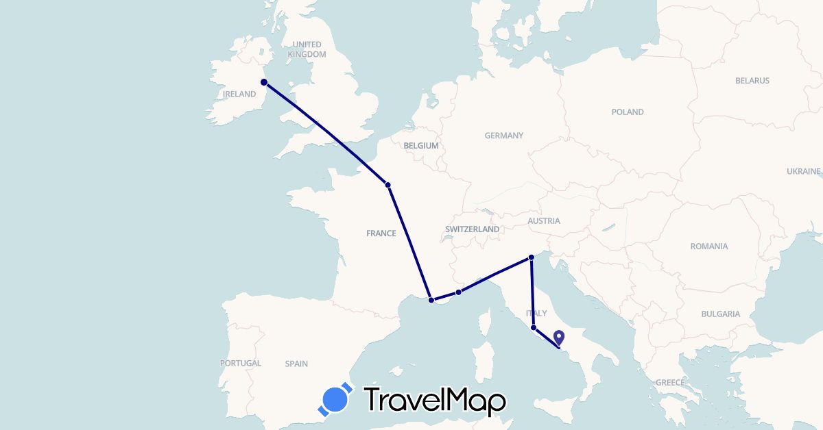 TravelMap itinerary: driving in France, Ireland, Italy (Europe)